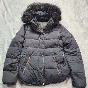 Zara Basic Puffer Jacket Women's Small Black Quilted Faux Fur Hood Gold Zip Coat